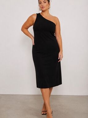 AE City One Shoulder Black Midi Dress 1X Minimalist Quiet Luxury Cocktail Party